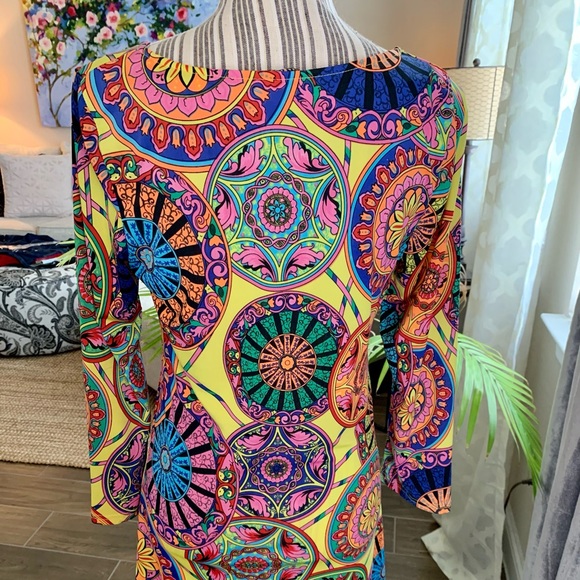 Boho-Vibe Long-sleeve Dress 
Size: M
Color: Yellow background & multi-colors - Picture 4 of 5